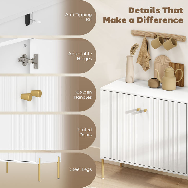 HOMCOM Sideboard, Modern Buffet Cabinet, Coffee Bar Cabinet with Fluted Doors and Adjustable Shelf, White