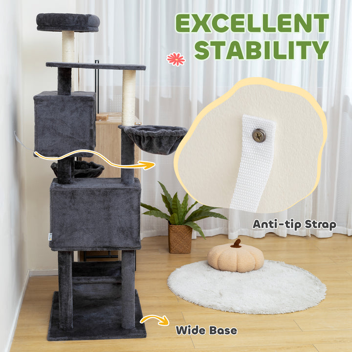 PawHut 66 Inch Large Cat Tree with 2 Door Condos, 3 Big Hammocks, Plush Top Perch, Sisal Scratching Posts, Light Grey