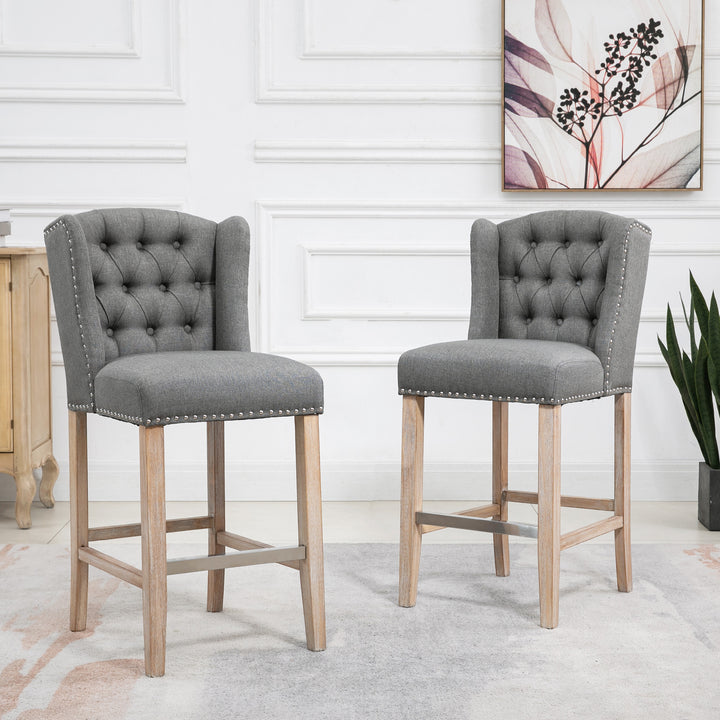 HOMCOM Counter Height Bar Stools Set of 2, Upholstered Bar Chairs with Nailhead Backrest and Footrest, Charcoal Grey