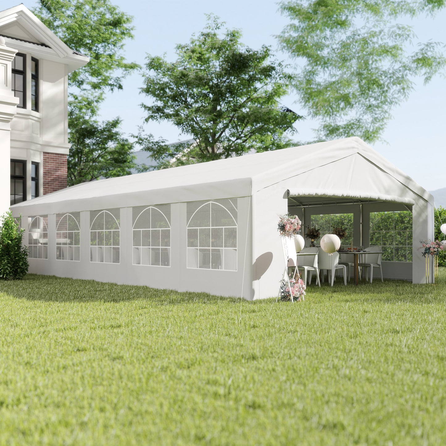 Outsunny 32'x16' Large Patio Gazebo, Steel Party Event Wedding Tent Canopy Carport Garage W/ 4 Removable Sidewalls for Outdoor Parking, White
