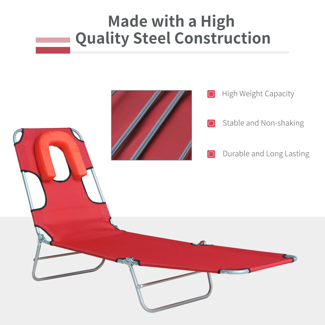 Outsunny Outdoor Lounge Chair, Adjustable Folding Chaise Lounge with Face Cavity, Tanning Chair Sun Lounger Bed Recliner, Red
