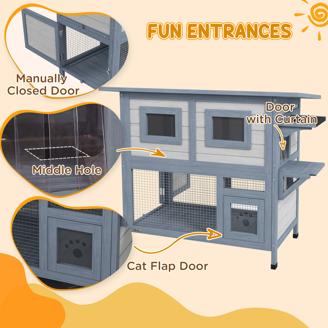 PawHut 2 Tier Outdoor Cat House with Escape Door, Jump platform, for 1-2 Cats, Light Grey
