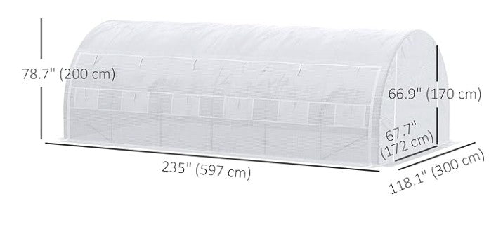 Outsunny Large Walk-in Greenhouse, 20'x10'x6.6' Tunnel Greenhouse with Zippered Door and 12 Roll-up Windows, Outdoor Green House for Garden Plant, White