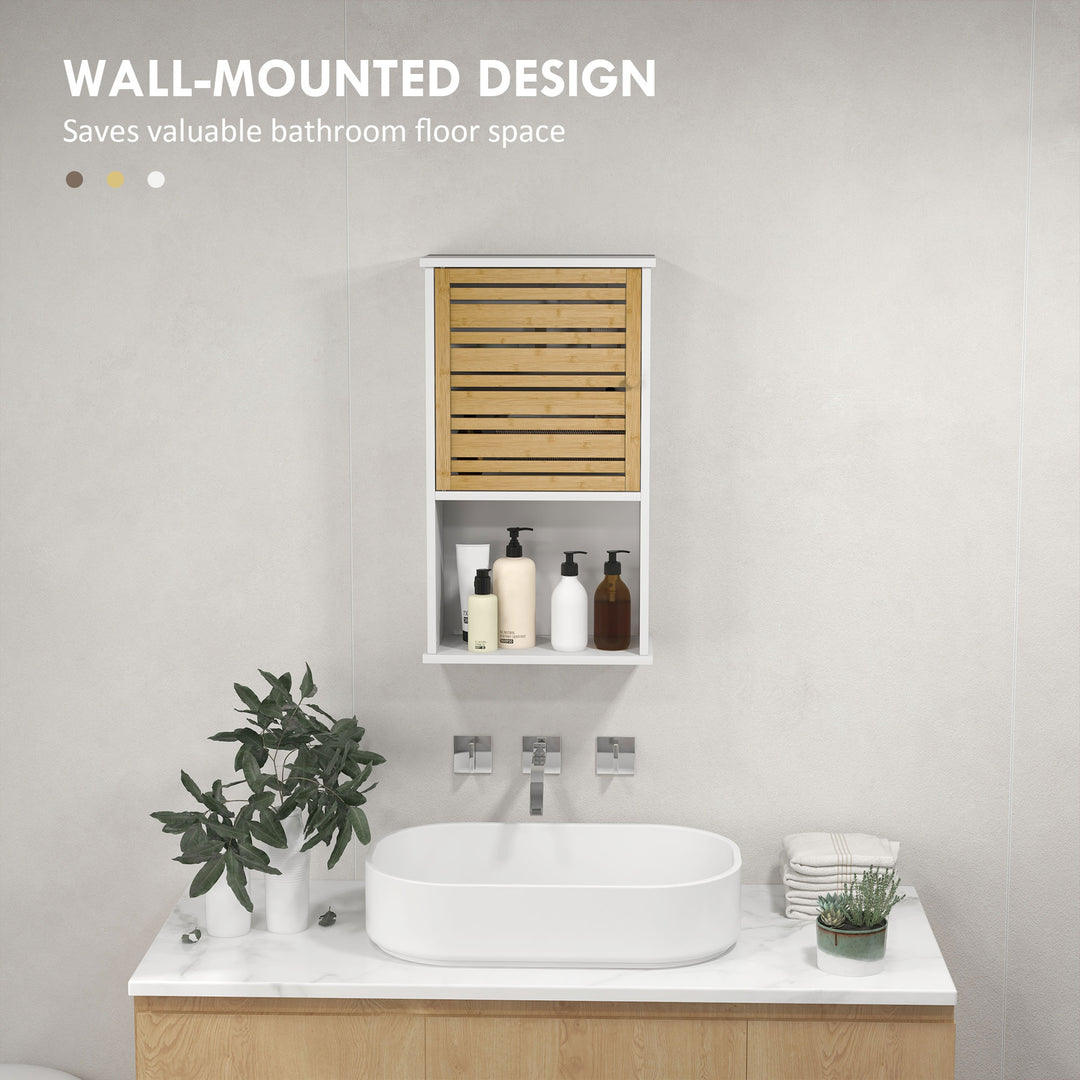 HOMCOM Wall Mounted Bathroom Cabinet with Storage, Bathroom Wall Cabinet with Bamboo Slat Door and Adjustable Shelf, White