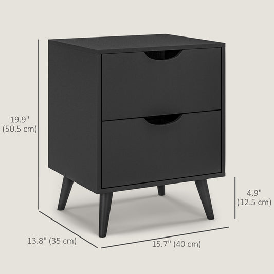 HOMCOM Modern Bedside Table, Nightstand with 2 Drawers and Pine Wood Legs for Bedroom, Living Room, Black