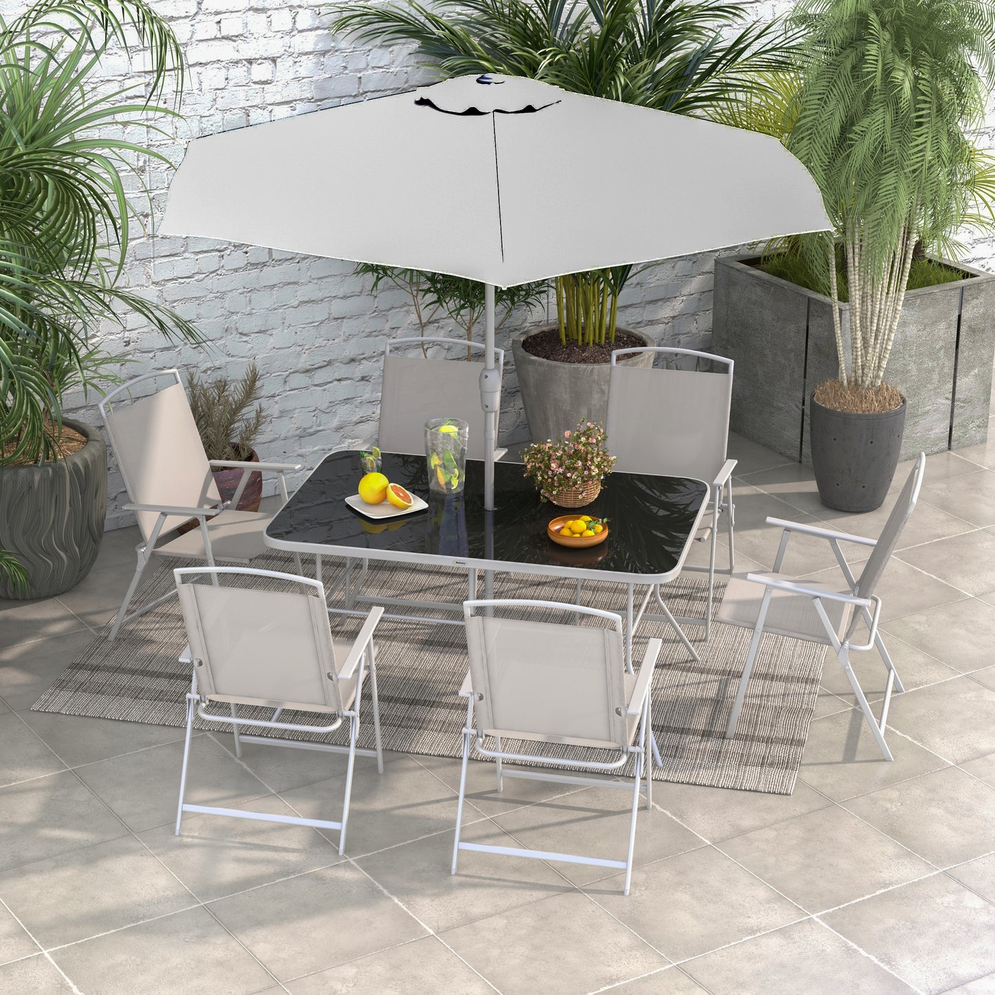 Outsunny 8 Piece Patio Set with Umbrella, 6 Folding Chairs, Rectangle Table, Outdoor Dining Set for 6 with Mesh Seat, Grey