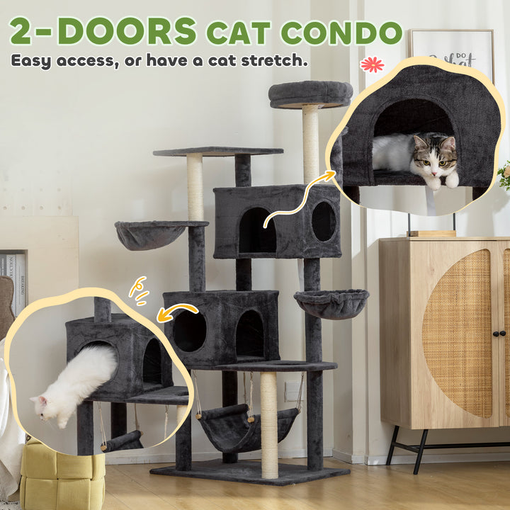PawHut 66 Inch Large Cat Tree with 2 Door Condos, 3 Big Hammocks, Plush Top Perch, Sisal Scratching Posts, Light Grey