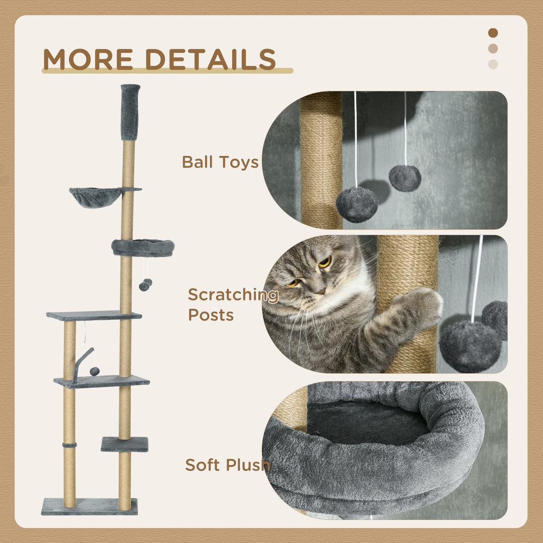 PawHut Floor to Ceiling Cat Tree, 90.5" - 98.5" Cat Tower with Scratching Post, Dangling Balls, Platforms, Bed, Hammock, Grey