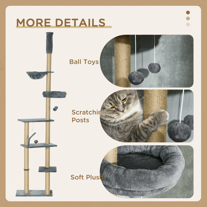 PawHut Floor to Ceiling Cat Tree, 90.5" - 98.5" Cat Tower with Scratching Post, Dangling Balls, Platforms, Bed, Hammock, Grey