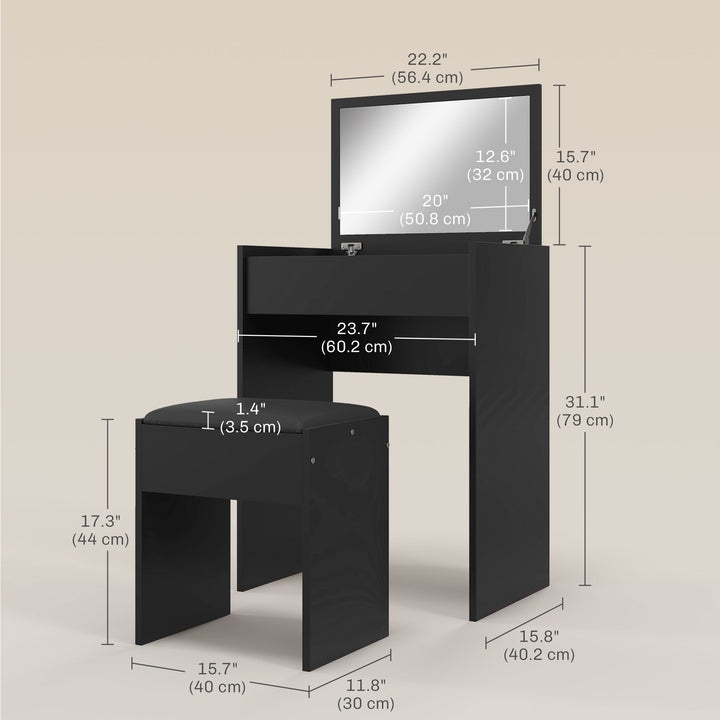 HOMCOM Modern Vanity Set with Makeup Table and Cushioned Stool, Dressing Table with Flip Top and Mirror for Bedroom, White