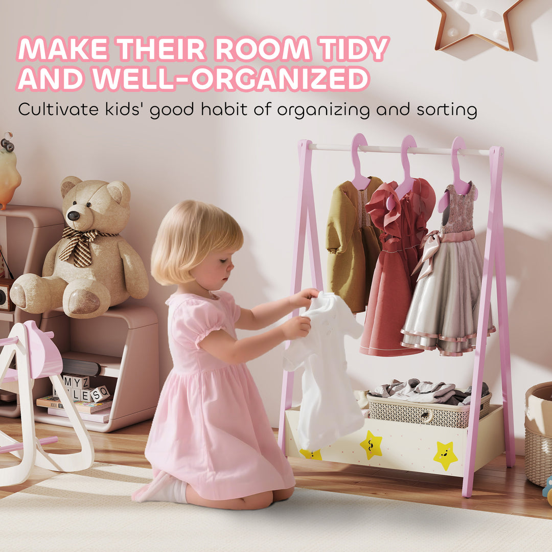 Qaba Kids Clothing Rack with Storage Shelf, Hangers, for Nursery Room, Living Room, Playroom, Pink