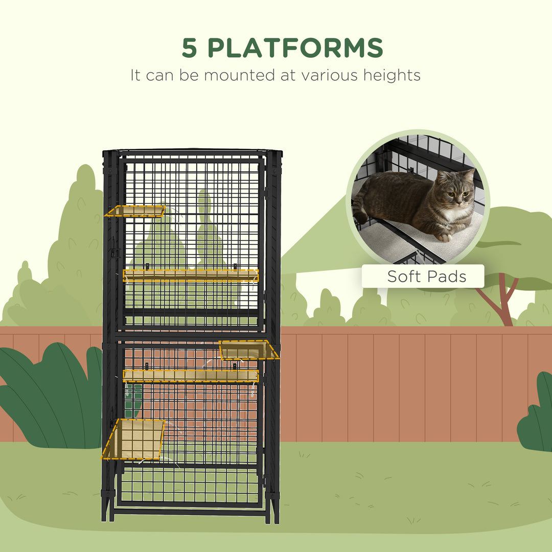 PawHut Cat Cage Multi-Level Catio Steel Outdoor Cat Enclosure w/ UV-and Water Resistant Cover, 5 Platforms, Soft Pads, Black