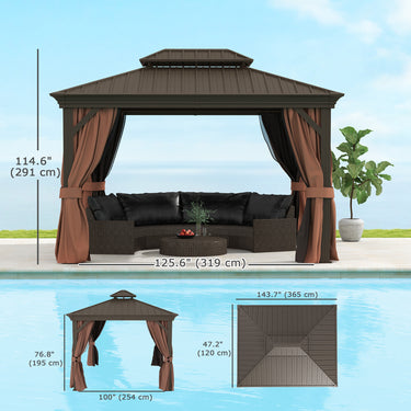Outsunny 10' x 12' Outdoor Hardtop Gazebo with Galvanized Canopy & Netting Sidewalls for Lawn, Backyard, Dark Brown
