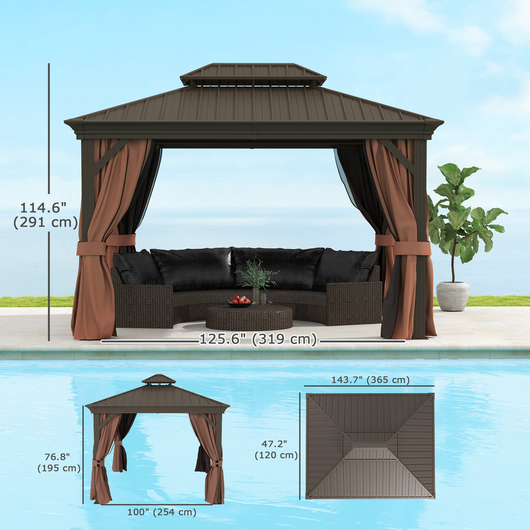 Outsunny 10' x 12' Outdoor Hardtop Gazebo with Galvanized Canopy & Netting Sidewalls for Lawn, Backyard, Dark Brown