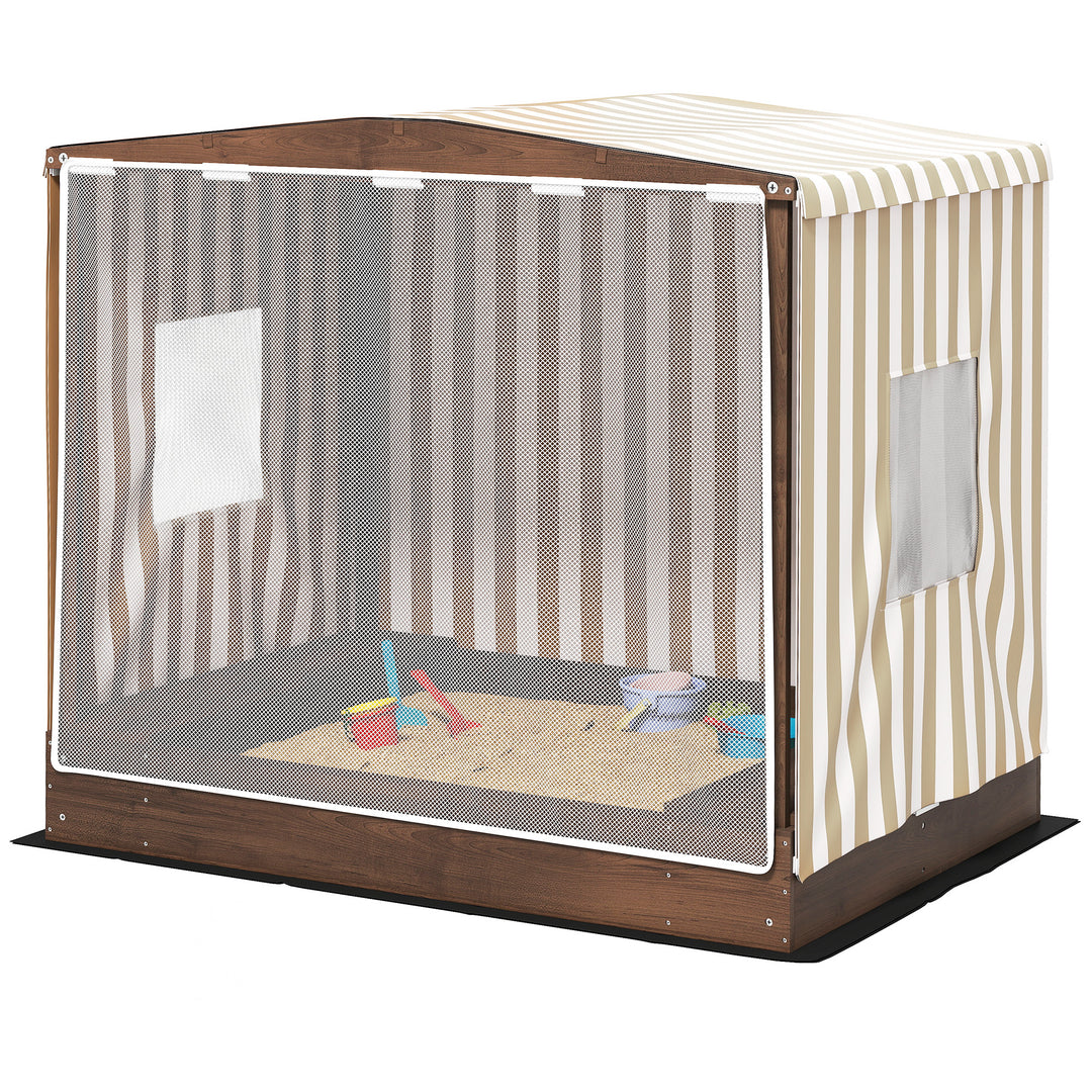 Qaba Kids Sandbox with Full Covered Canopy, Bench Seats, Bottom Liner, for Ages 3-6, 56" x 40" x 52", Brown