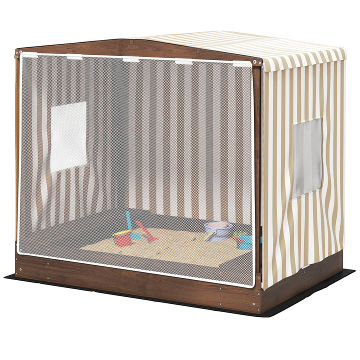 Qaba Kids Sandbox with Full Covered Canopy, Bench Seats, Bottom Liner, for Ages 3-6, 56" x 40" x 52", Brown