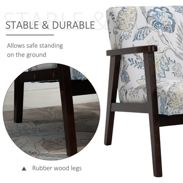 HOMCOM Mid-Century Modern Accent Chair Retro Fabric Armchair Wooden Arm Upholstered Lounge Chair for Living Room Floral