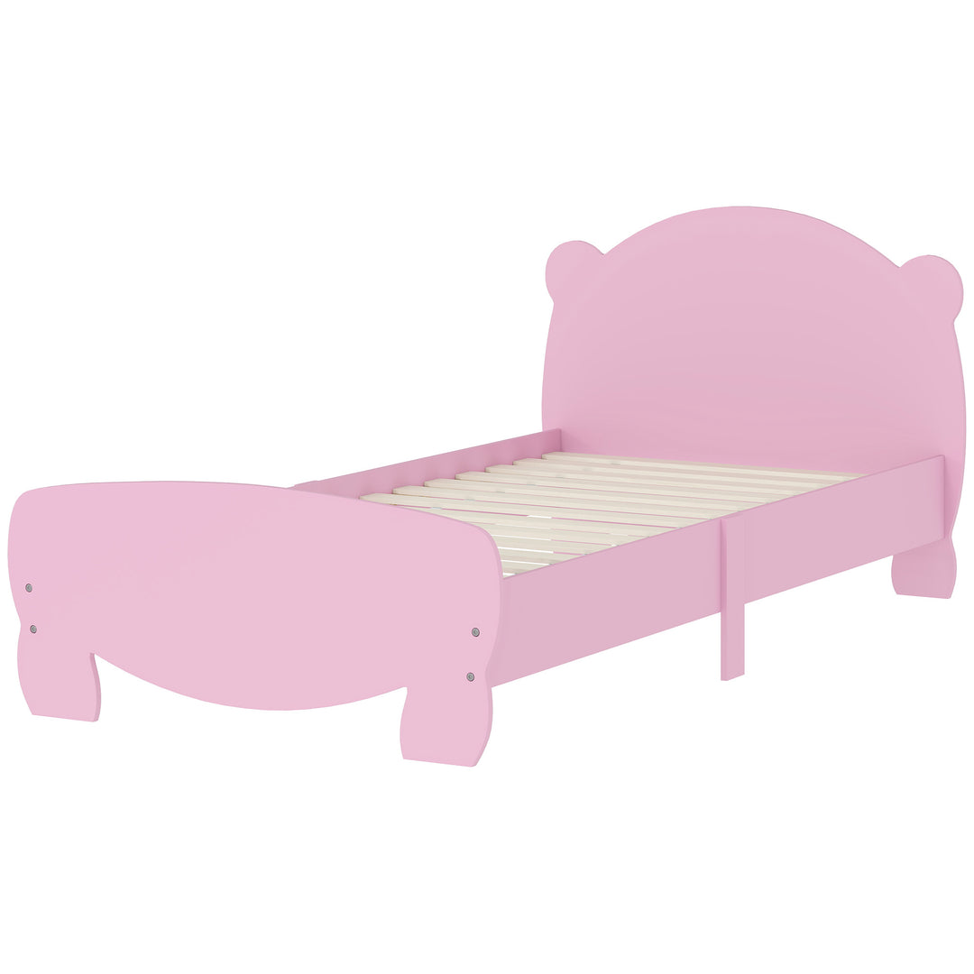 Qaba Twin Bed Frame for Kids with Bear Shaped Headboard & Footboard, Slats Support, No Box Spring Needed, for Ages 3-12, Pink