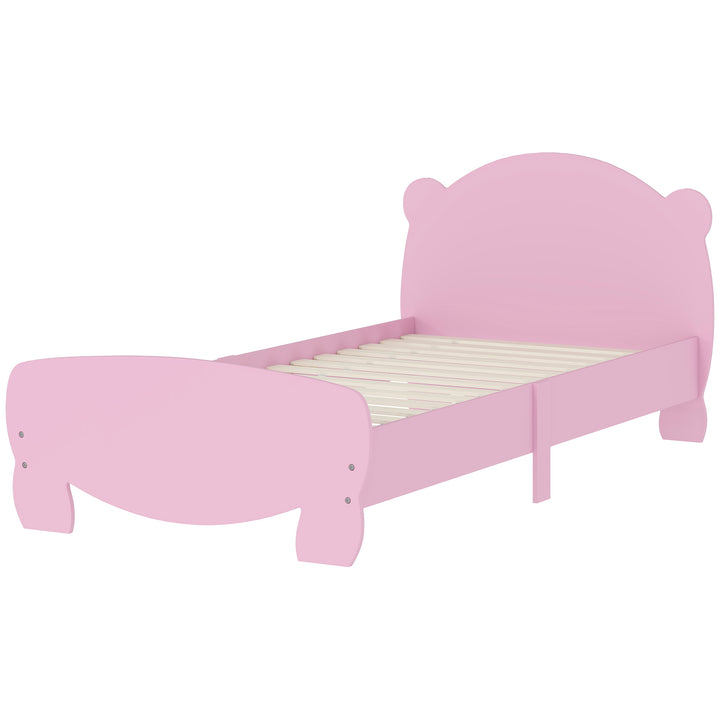 Qaba Twin Bed Frame for Kids with Bear Shaped Headboard & Footboard, Slats Support, No Box Spring Needed, for Ages 3-12, Pink