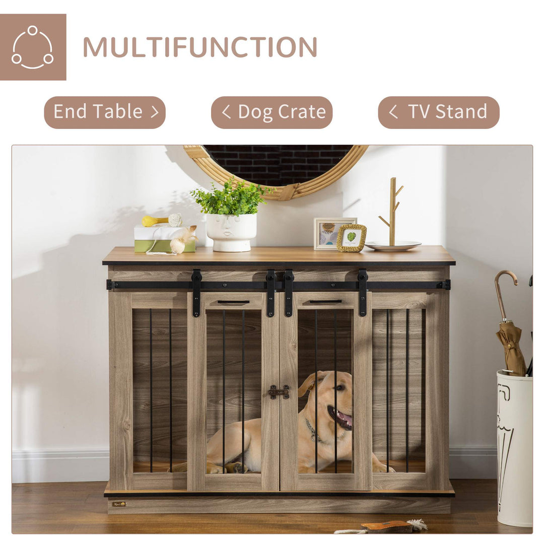 PawHut 47in Dog Crate Furniture with Divider Panel, Wooden Dog Kennel TV Stand for Large Dogs, Pet House Side Table for 2 Small Dogs with Two Rooms Design, 2 Sliding Doors, Oak