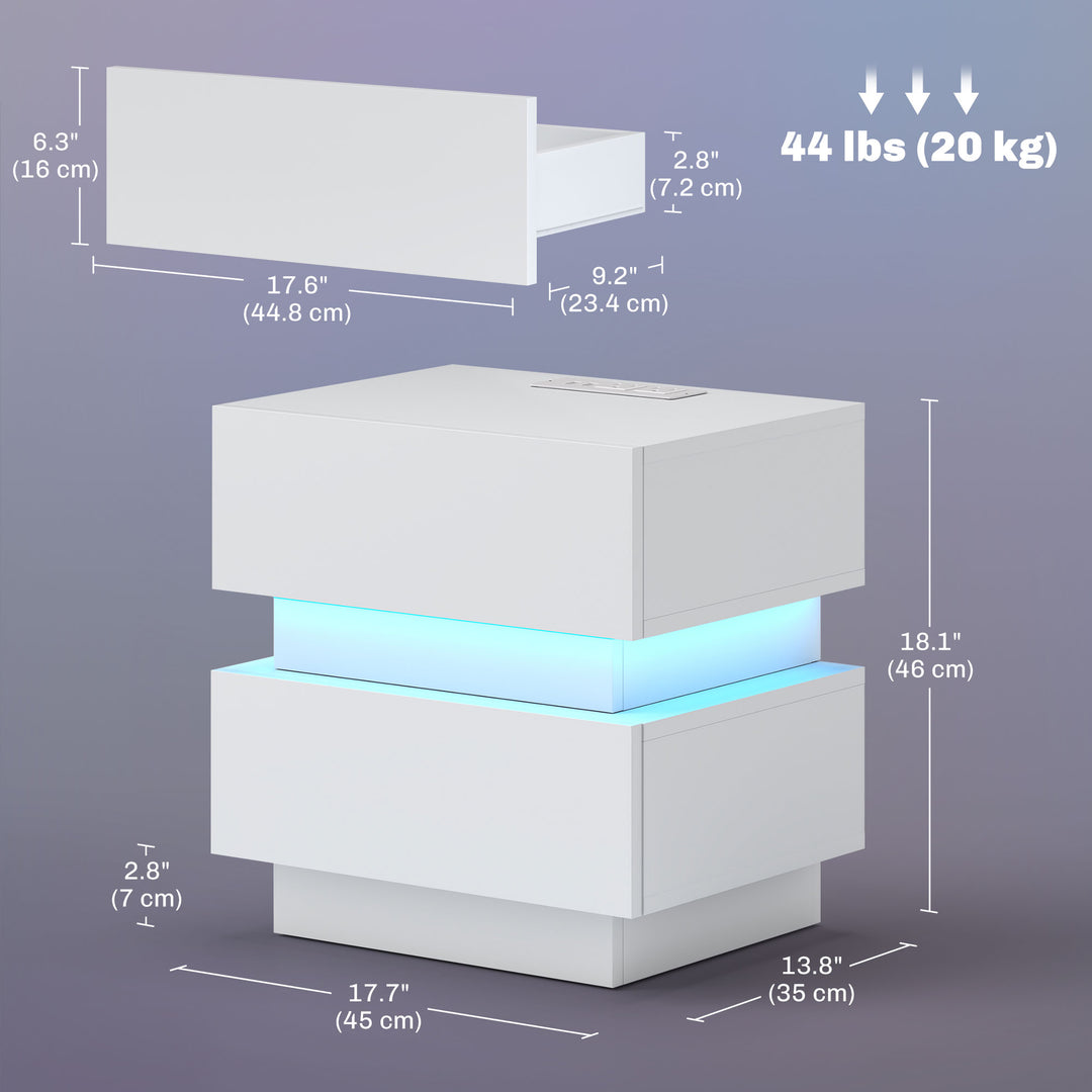 HOMCOM Bedside Table with Charging Station and LED Light Modern Nightstand with USB Ports AC Outlets Drawers Remote, Black