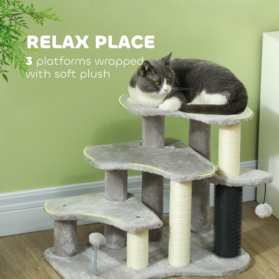 PawHut 2 in 1 Cat Tree 3 Steps Pet Stairs with Scratching Posts, Tickling Post, Toy Balls, for Bed, Couch, Sofa, Light Grey