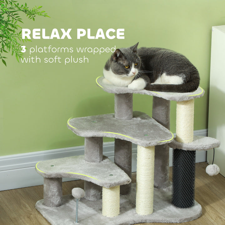 PawHut 2 in 1 Cat Tree 3 Steps Pet Stairs with Scratching Posts, Tickling Post, Toy Balls, for Bed, Couch, Sofa, Light Grey