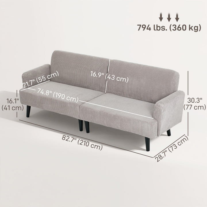 HOMCOM Modern Couch, 3 Seater Sofa, Corduroy Loveseat with Rubberwood Legs and Extra-Wide Seat, Grey