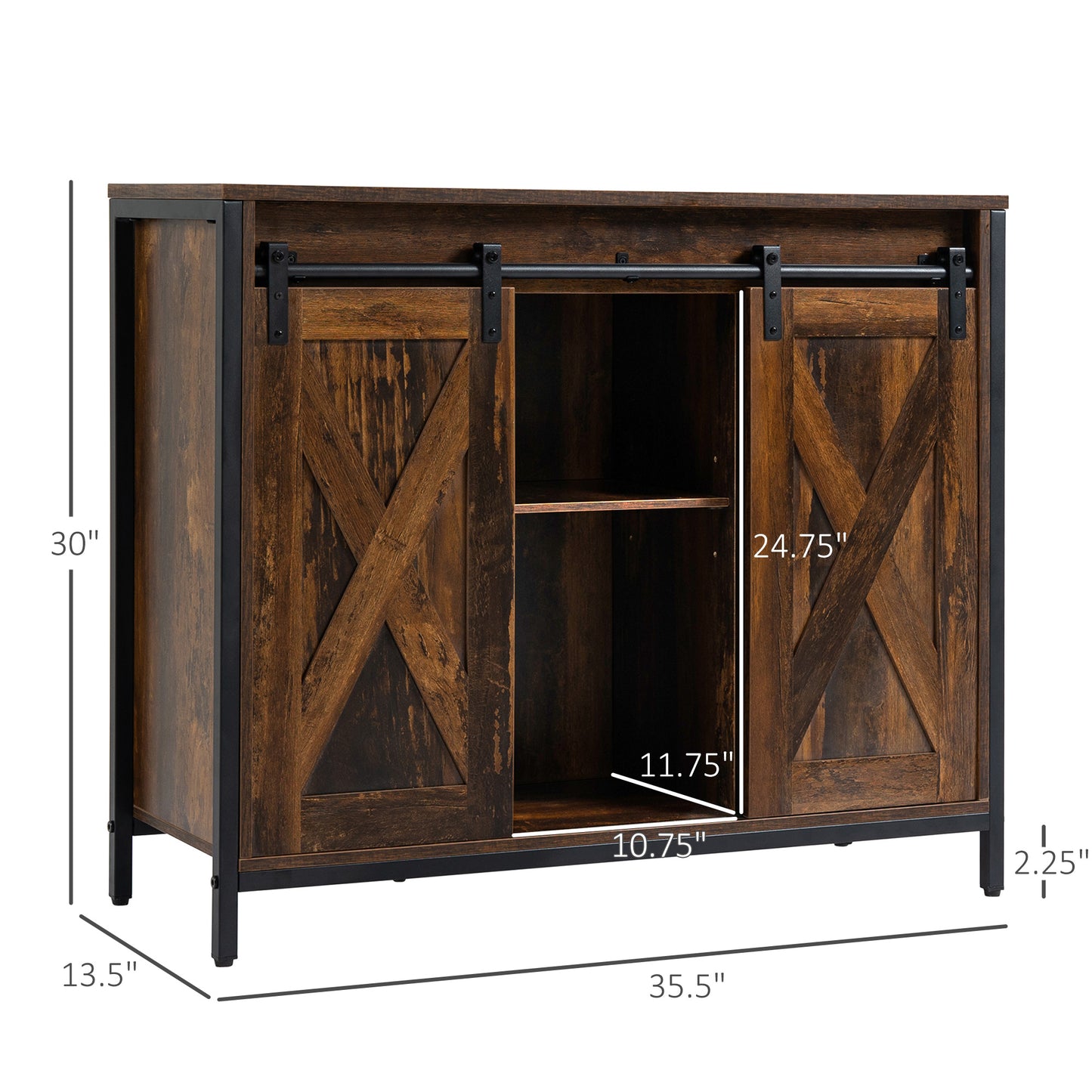HOMCOM Industrial Sideboard, Buffet Cabinet with Sliding Barn Doors, Storage Cabinets and Adjustable Shelves for Living Room, Kitchen, Home Bar, Rustic Brown
