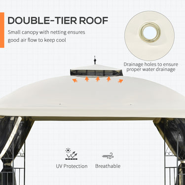 Outsunny 12' x 10' Outdoor Patio Gazebo Canopy with Double Tier Roof, Removable Mesh Sidewalls, Triangular Display Shelves, Beige