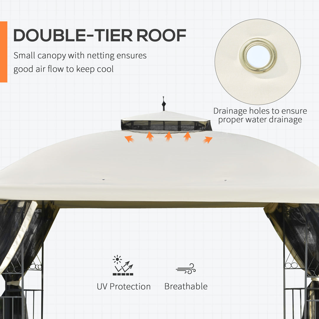 Outsunny 12' x 10' Outdoor Patio Gazebo Canopy with Double Tier Roof, Removable Mesh Sidewalls, Triangular Display Shelves, Beige