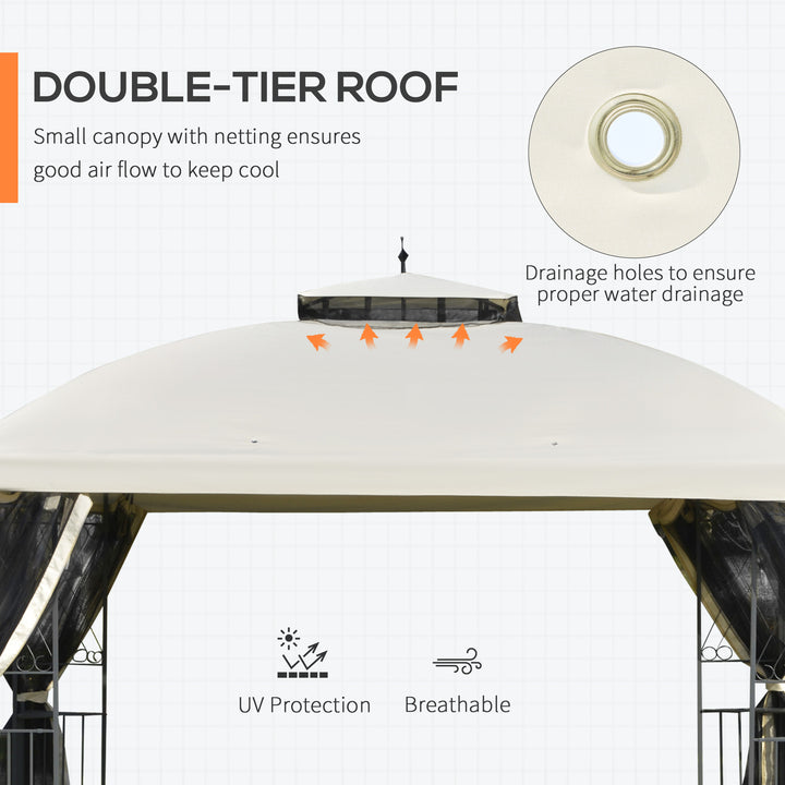 Outsunny 12' x 10' Outdoor Patio Gazebo Canopy with Double Tier Roof, Removable Mesh Sidewalls, Triangular Display Shelves, Beige