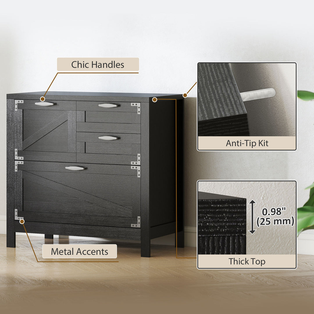 HOMCOM Lateral Filing Cabinet, Farmhouse File Cabinet with 4 Drawers, Fit Letter/A4/Legal Hanging Files, Black Wood Grain