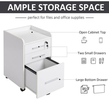 HOMCOM 3 Drawer File Cabinet with Lock and Edged Top, Lockable Filing Cabinet on Wheels for Letter and A4 Size, White