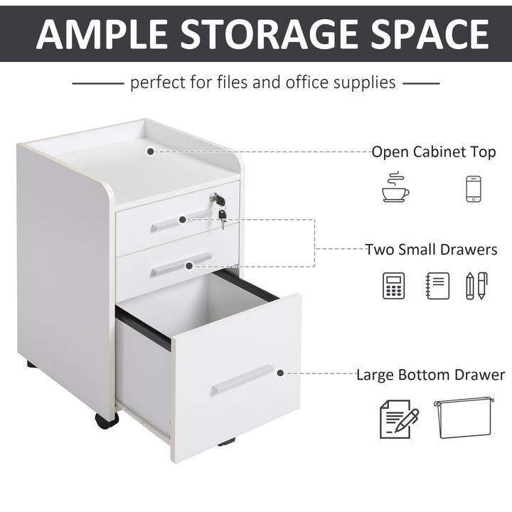 HOMCOM 3 Drawer File Cabinet with Lock and Edged Top, Lockable Filing Cabinet on Wheels for Letter and A4 Size, White