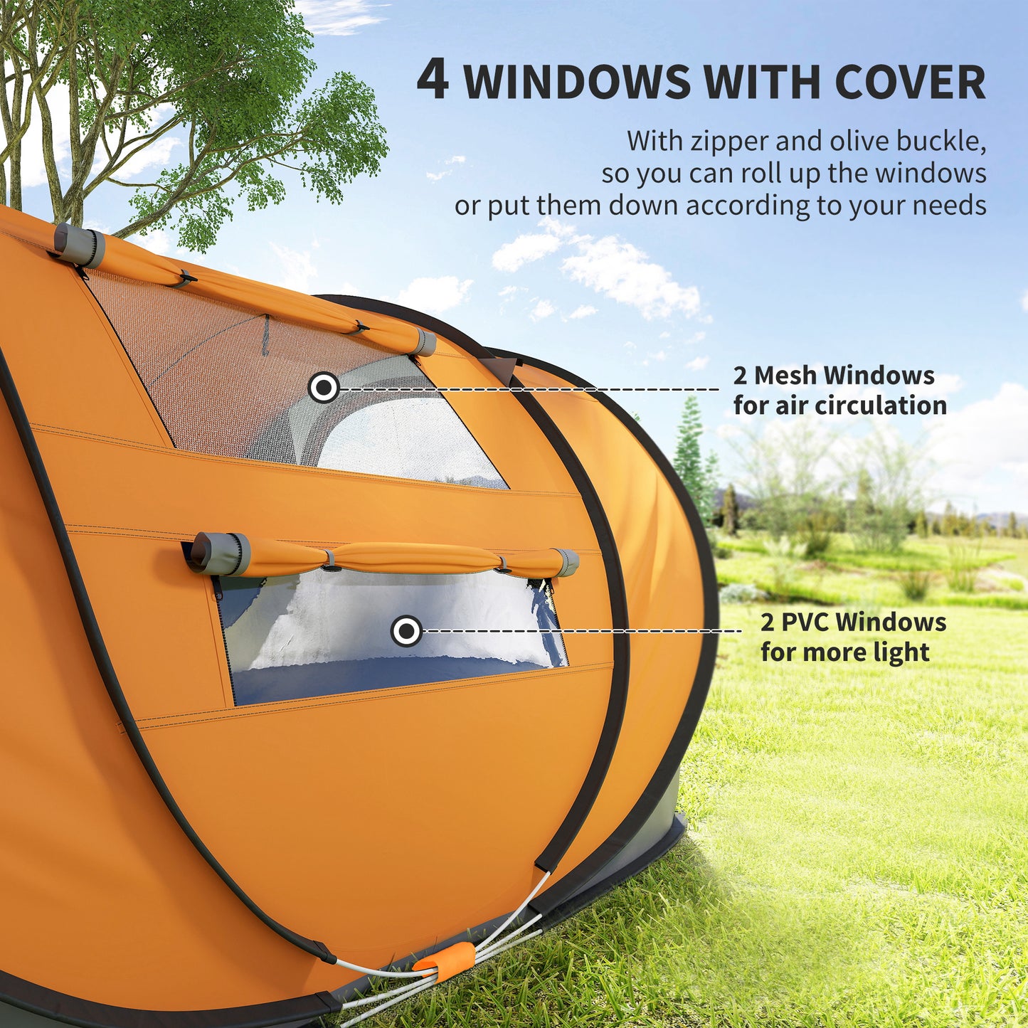 Outsunny 4 Person Camping Tent, Easy Pop Up Tent with Doors, Windows and Carry Bag, Automatic Setup Tent for Hiking, Orange