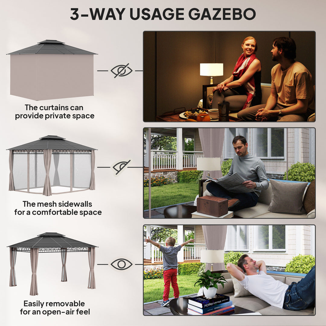 Outsunny 10' x 12' Outdoor Gazebo Canopy, Double Roof Hardtop Gazebo with Polycarbonate Roof, Steel Frame, Nettings and Curtains, for Garden, Lawn, Backyard and Deck, Khaki