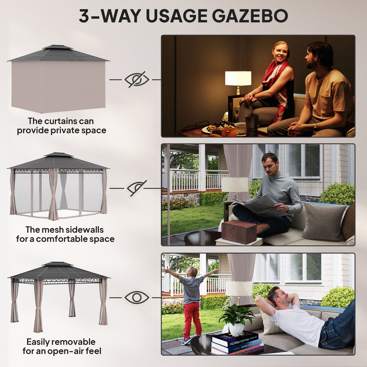 Outsunny 10' x 12' Outdoor Gazebo Canopy, DoubleÂ Roof Hardtop Gazebo withÂ Polycarbonate Roof, Steel Frame, NettingsÂ andÂ Curtains, forÂ Garden,Â Lawn,Â BackyardÂ andÂ Deck, Khaki