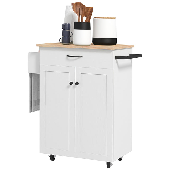 HOMCOM Modern Rolling Kitchen Island Cart with Drawer, Natural Wood Top, Towel Rack, Door Storage Cabinet, Distressed Black