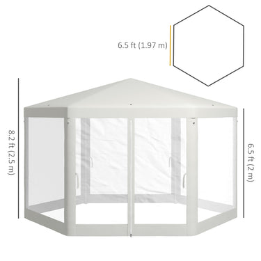 Outsunny Φ13' Hexagon Party Tent Patio Gazebo Outdoor Activity Event Canopy Quick Sun Shelter Pavilion with Netting Mesh Sidewall Cream White