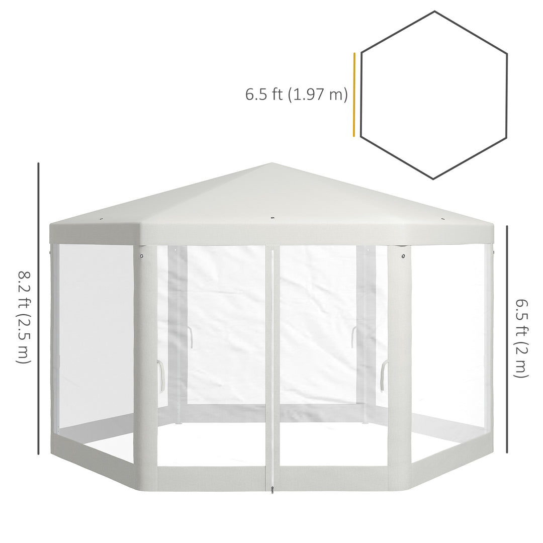 Outsunny Φ13' Hexagon Party Tent Patio Gazebo Outdoor Activity Event Canopy Quick Sun Shelter Pavilion with Netting Mesh Sidewall Cream White