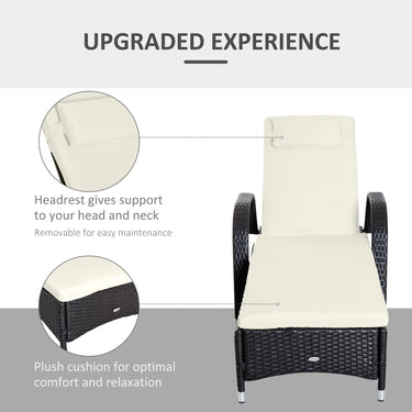 Outsunny Wicker Chaise Lounge, Outdoor Lounge Chair, PE Rattan Patio Sun lounger with Head-rest, 5-Level Height Adjust Backrest, Cushion & Wheels, Deep Coffee and Cream White