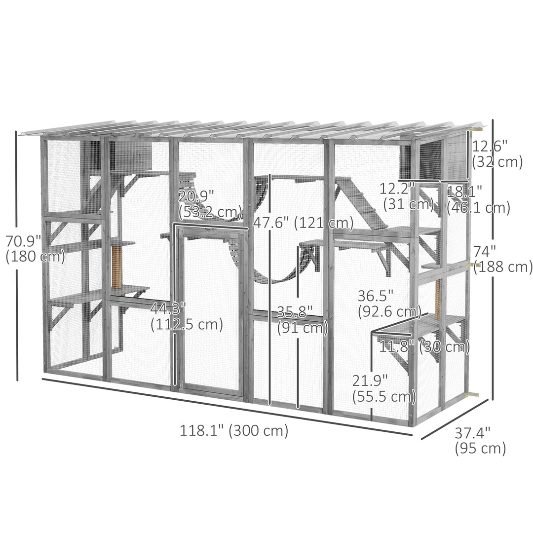 PawHut Large Outdoor Catio with Condos, Platforms, Doors, Ladders, Weather-Resistant Roof, Orange