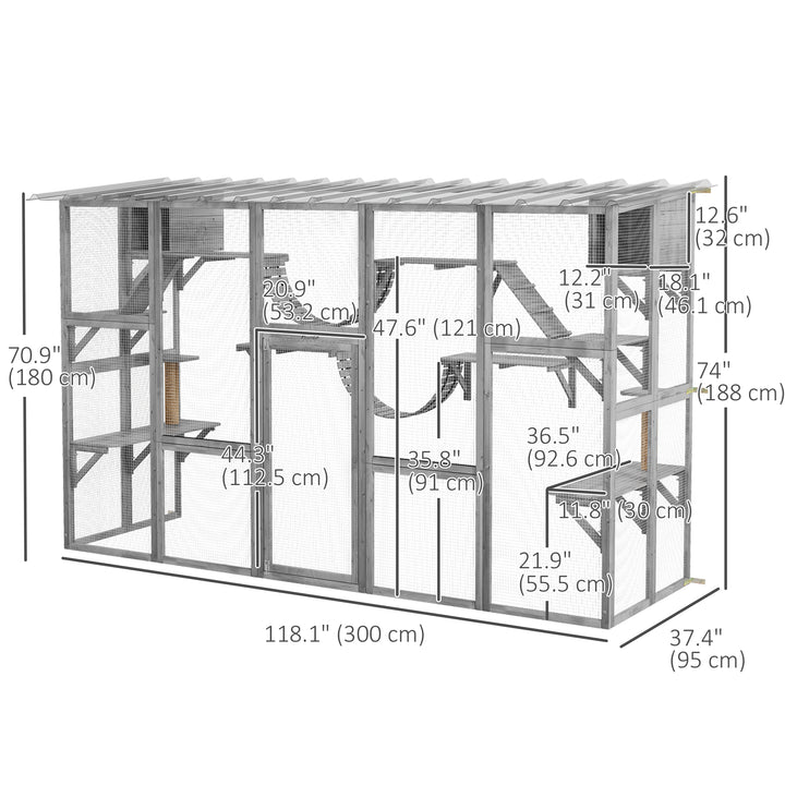 PawHut Large Outdoor Catio with Condos, Platforms, Doors, Ladders, Weather-Resistant Roof, Orange