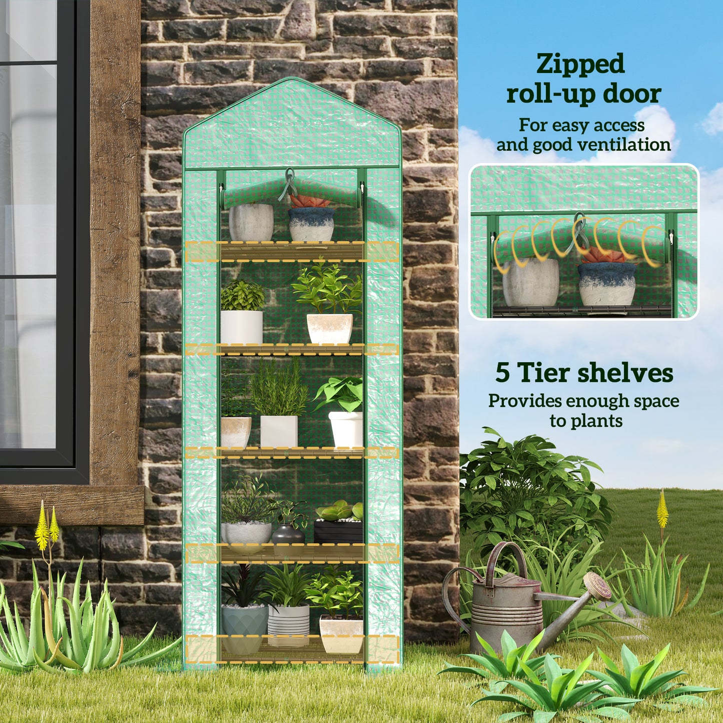 Outsunny 56" x 56" Walk-in Greenhouse Outdoor, Portable Gardening Plant Hot House with 2-Tier Shelf, Green