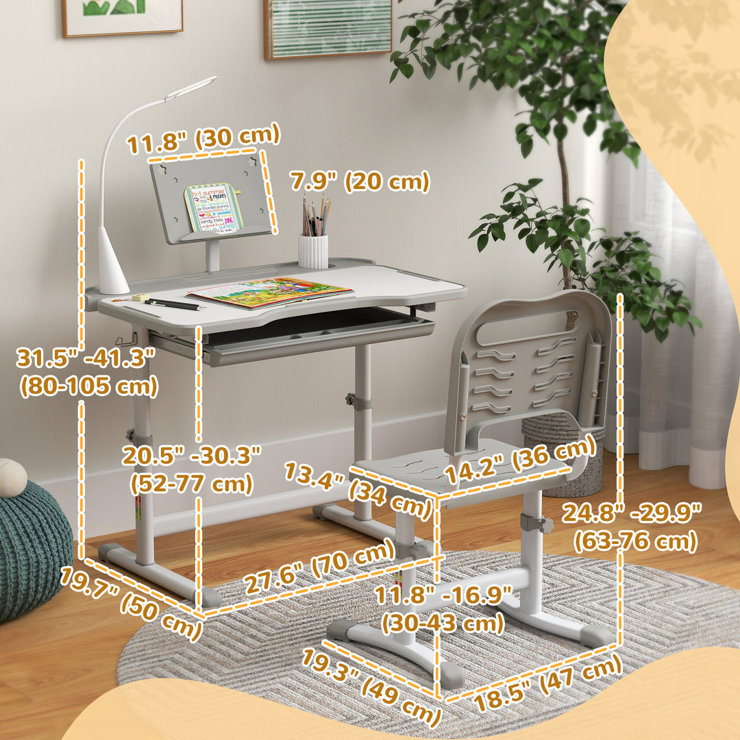 Qaba Kids Desk and Chair Set Height Adjustable Student Writing Desk Children School Study Table with Tilt Desktop, Grey