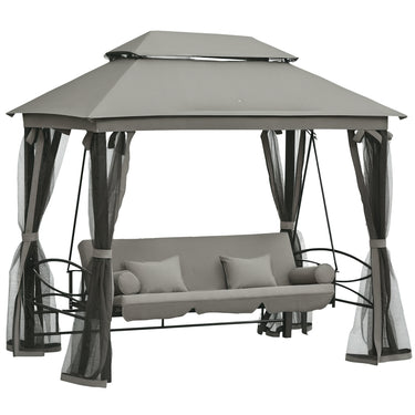Outsunny 3 Person Outdoor Patio Daybed, 3 in 1 Canopy Gazebo Swing Chair Garden Hammock with Sun Shade, Mesh Mosquito and Net, Dark Grey