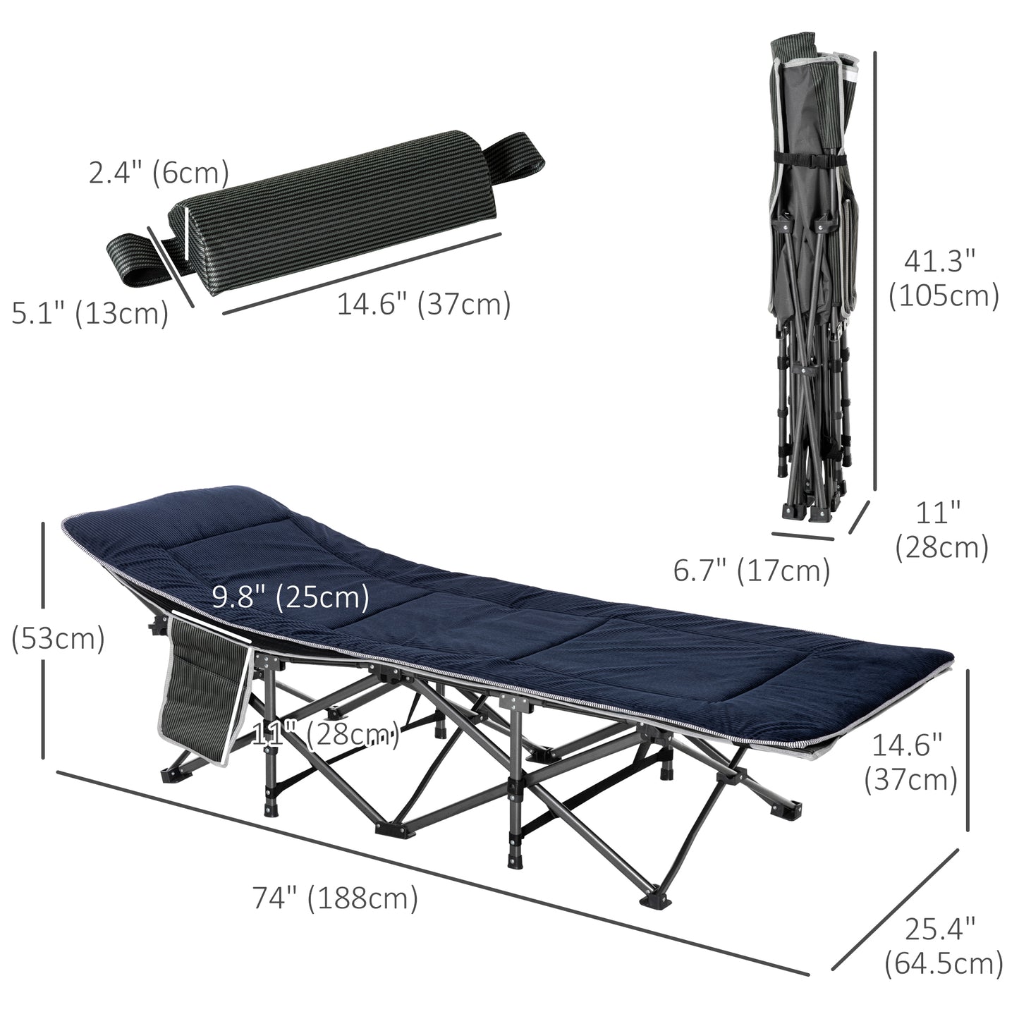 Outsunny Folding Camping Cot with Mattress & Pillow, Double Layer Oxford Heavy Duty Sleeping Cot with Carry Bag Light Grey