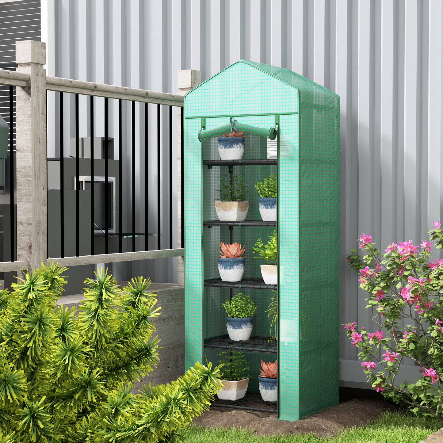 Outsunny 56" x 56" Walk-in Greenhouse Outdoor, Portable Gardening Plant Hot House with 2-Tier Shelf, Green