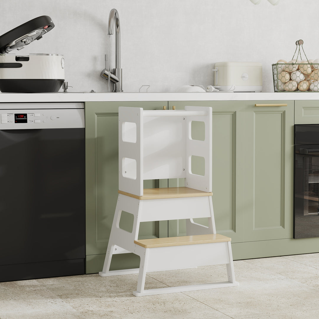 Qaba 2 in 1 Toddler Tower Kitchen Helper w/ Chalkboard, Safety Rail, for Counter, Bathroom, Sink, Kitchen, White